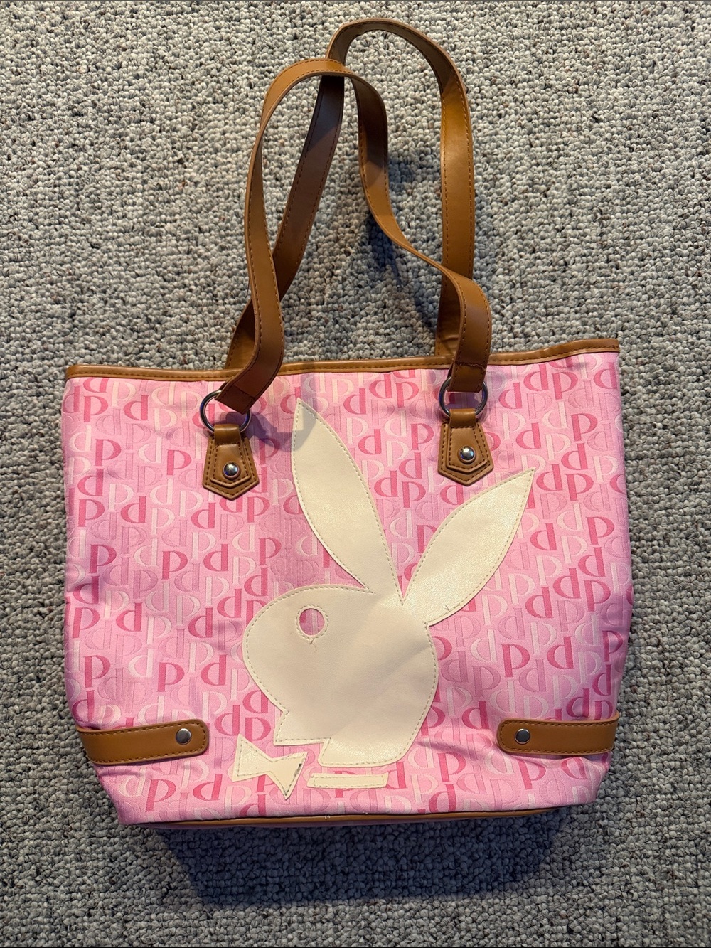 Playboy Pink Bunny Logo Tote with Tan Handles
